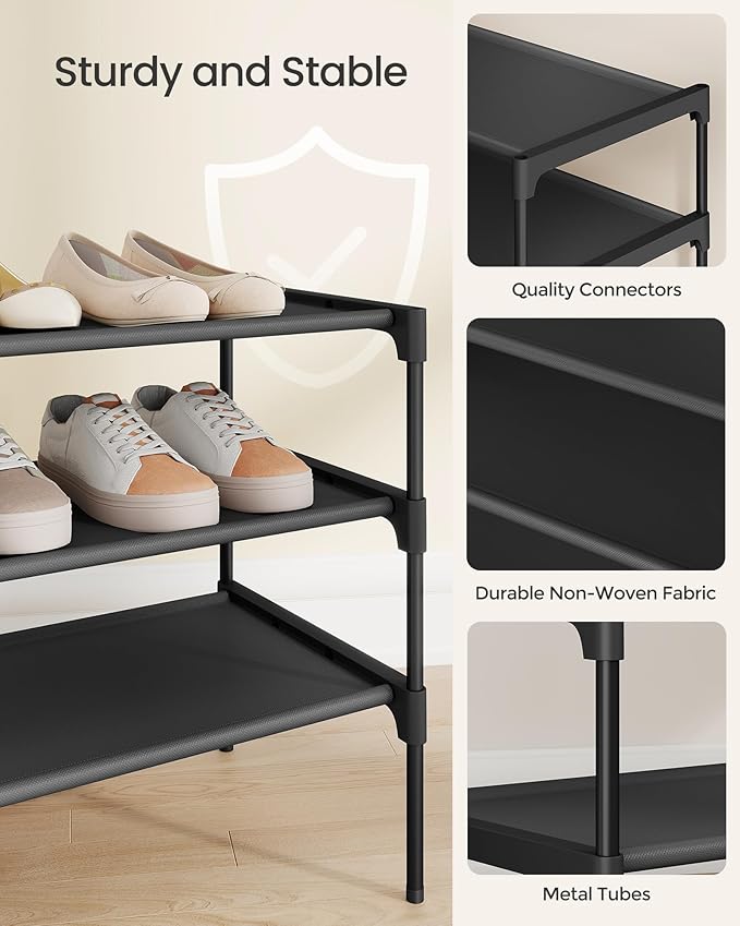 SONGMICS Shoe Rack, 3-Tier Shoe Storage Organizer, Space-Saving, 11.7 x 36.1 x 21 Inches, Entryway, Metal Frame, Non-Woven Fabric Shelves, Ink Black ULSH033BH01