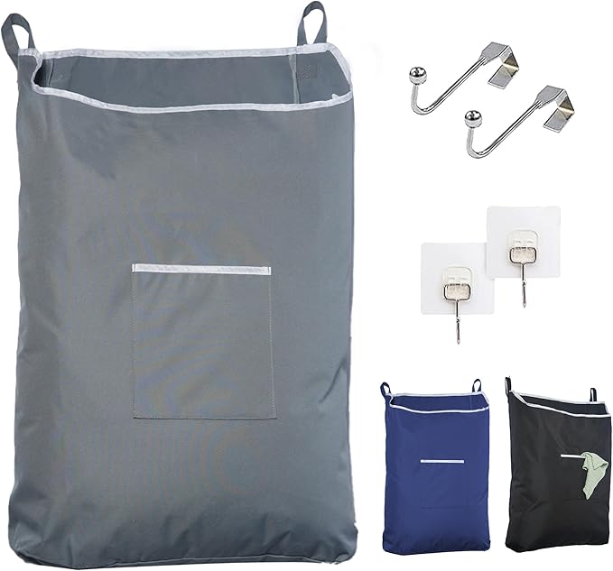 The Fine Living Co. X-Large Hanging Laundry Hamper with Over Door Hooks & Adhesive, Durable Space Saving Laundry Bag with Zipper and Wide Open Top,Hanging Dorm Laundry Hamper 20"x3.75"x31" (Gray-XL)