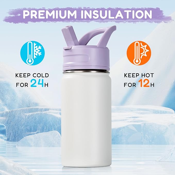 12oz Kids Water Bottle for School, Toddler Bottles with Straws, Stainless Steel Vacuum Insulated Water Bottle for Boys&Girls, Leak-Proof, BPA-Free, Gentle Purple