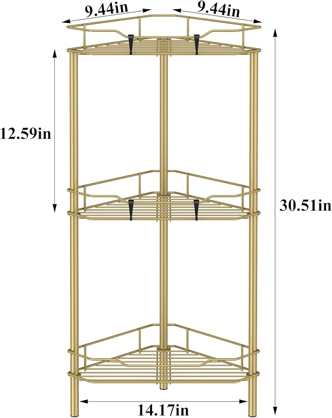 3 Tier Floor Standing Corner Shower Caddy Organizer Shelf with Hooks, Bathroom Shelves Stand Rack, Gold