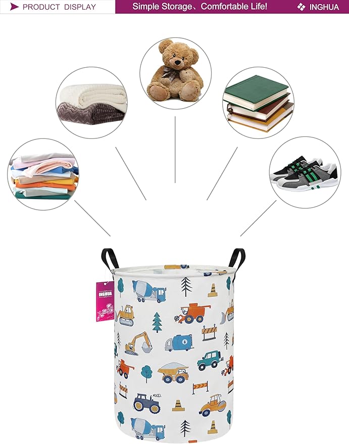 Laundry Hamper Large Canvas Fabric Lightweight Storage Basket/Toy Organizer/Dirty Clothes Collapsible Waterproof for College Dorms, Boys and Girls Bedroom,Bathroom(Vehicles)