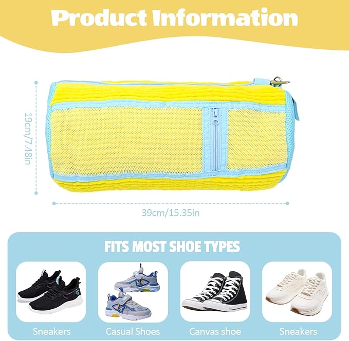 Shoe Washing Machine Bag,2 Pcs Shoe Washing Bag for Dryer & Washer, Reusable Laundry Shoe Bag for All Shoes Sizes, Independent Insole Compartment With Side Mesh (Yellow)