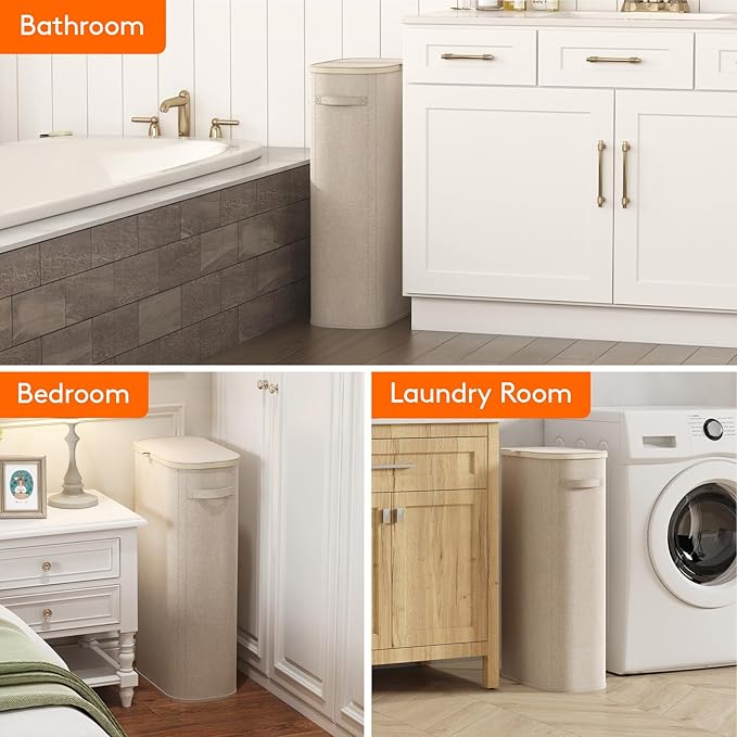 Lifewit 75L Slim Laundry Basket with Lid, Laundry Hamper with Plastic Handles and Removable Bag, Foldable Tall Dirty Clothes Hampers for Laundry for Laundry Room, Bedroom, Bathroom, Dorm, Beige