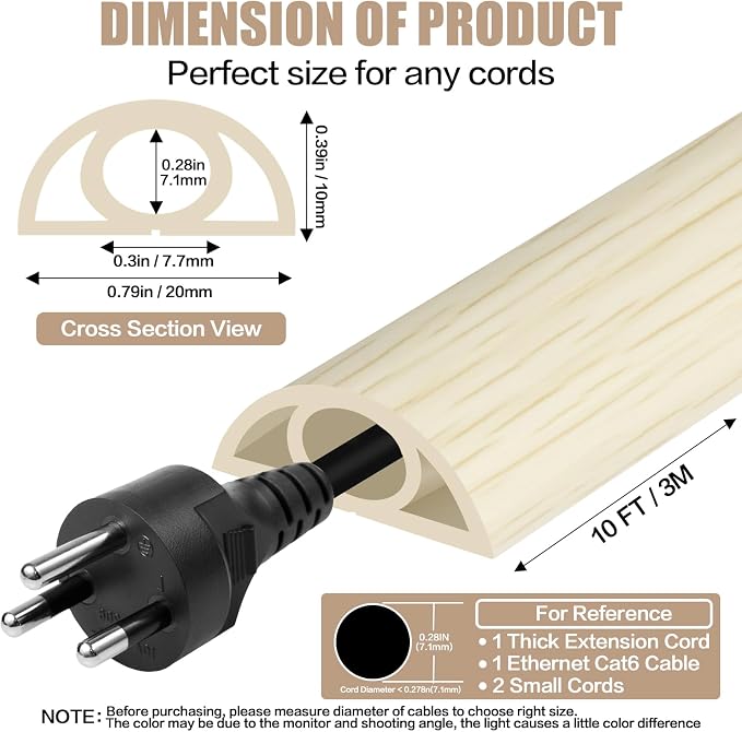 Floor Cord Cover Self Adhesive Cord Hider, 10FT Cable Management, Extension