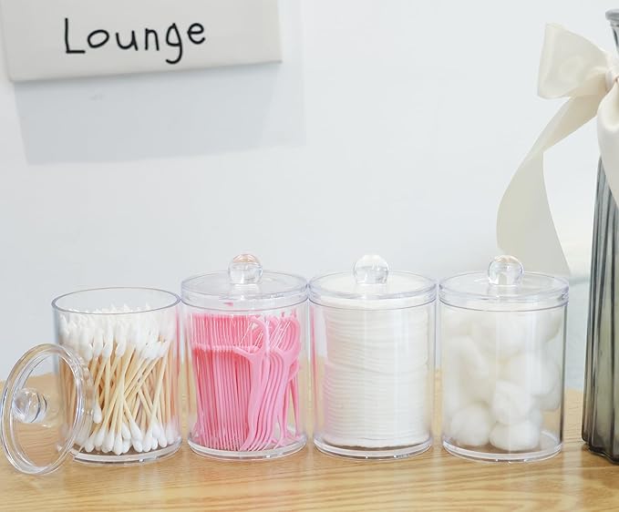 2 Pack Acrylic Qtip Holder Dispenser,Canisters Apothecary Jar Set, Vanity Makeup Bathroom Organizers and Storage Set, 10 and 12 oz
