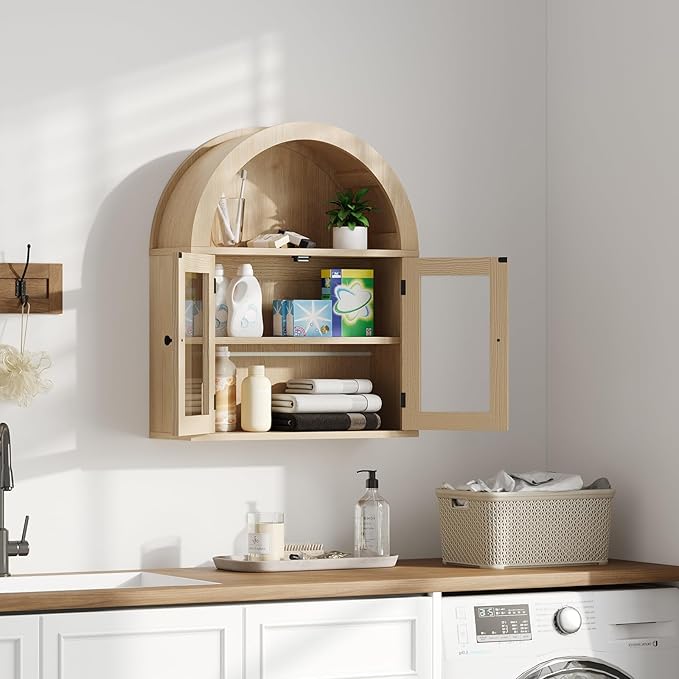 ChooChoo Arched Wall Cabinet with Acrylic Doors, Bathroom Cabinet Wall Mount Over The Toilet with Display Shelf, Wooden Storage Cabinet for Kitchen, Living Room or Entryway, Natural