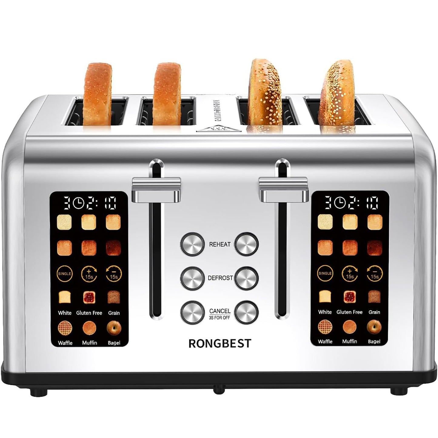 4 Slice Touch Screen Toaster with Wide Slots Stainless Steel Digital Toasters for Family Breakfast, Even Toasting for Bagel & Bread, Reheat Defrost Cancel, Removable Crumb Tray, Silver