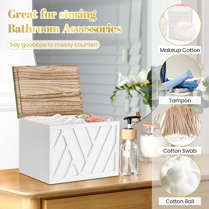 2 PCS White Tampon Holder for Bathroom Decor, Feminine Product Organizer With Lid, Shark Week Storage, Wood Pad Box for Toilet, Bathroom Accessories