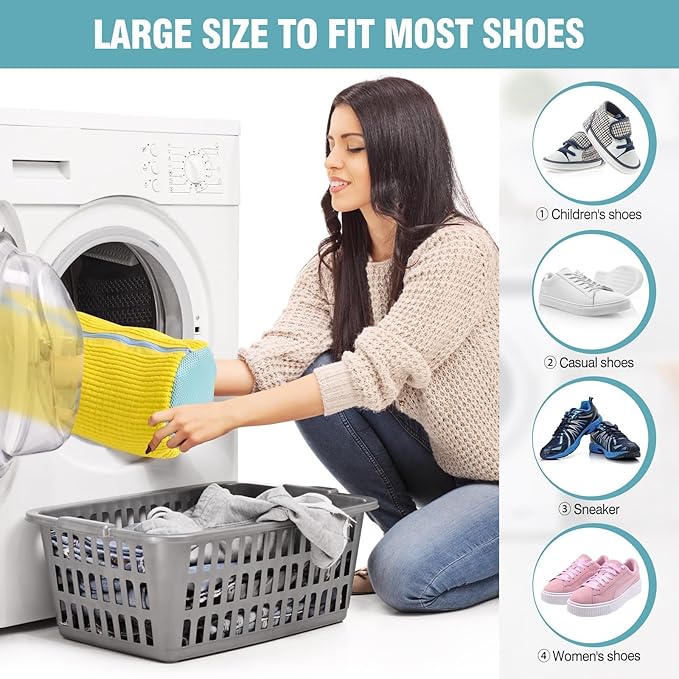 Shoe Washing Machine Bag, Shoe Laundry Bag for Washer and Dryer, Include Dry Net Bag, Reusable and Durable Zipper with Hook Design, Shoe Washing Bag for Sneaker (Yellow, 2 Pack)