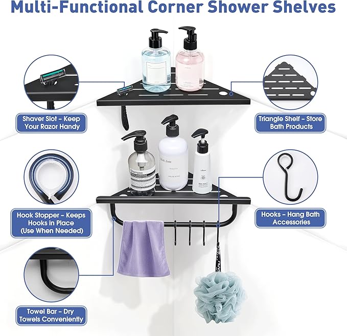 Corner Shower Shelf, 10'' Shower Corner Shelf with Towel Bar & Hooks, 304 Stainless Steel Recessed Bathroom Shelves, No Drilling for Tiled Wall, 2-Pack (Matte Black)