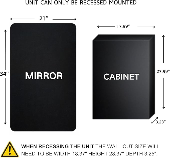 TEHOME Farmhouse Matt Black Recessed Bathroom Medicine Cabinet with Mirror Rounded Rectangle Metal Framed Medicine Cabinet with Beveled Mirror 21x34''