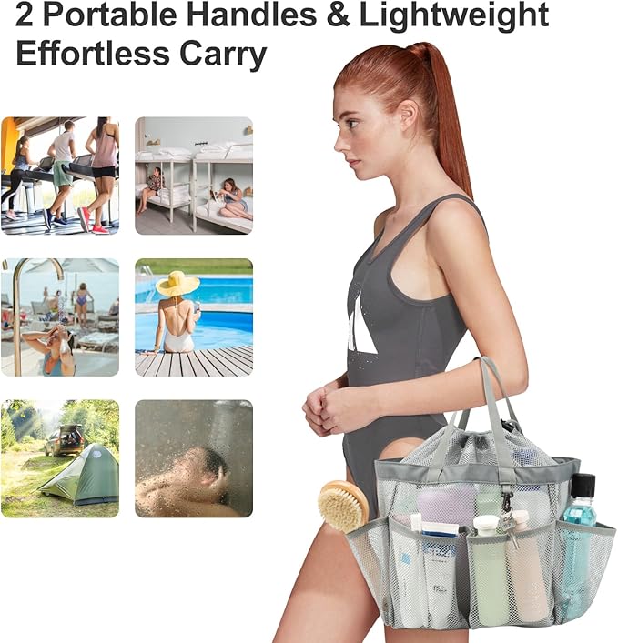 F-color Mesh Shower Caddy Portable with Drawstring - Large 8 Pockets Dorm Room Essentials for Guys Girls with S Hook, Shower Bag Basket Tote for College Camping Gym Travel Toiletry Bathroom, Grey