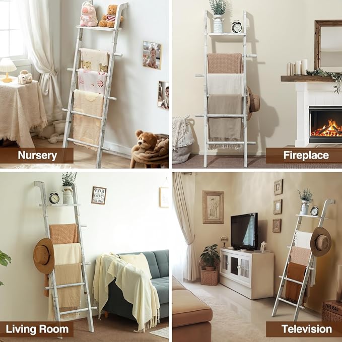 Taozun 67-Inch Farmhouse Blanket Ladder with Shelf and Hooks, 5-Tier Wooden Wall Leaning Towel Quilt Rack Holder for Living Room Decor