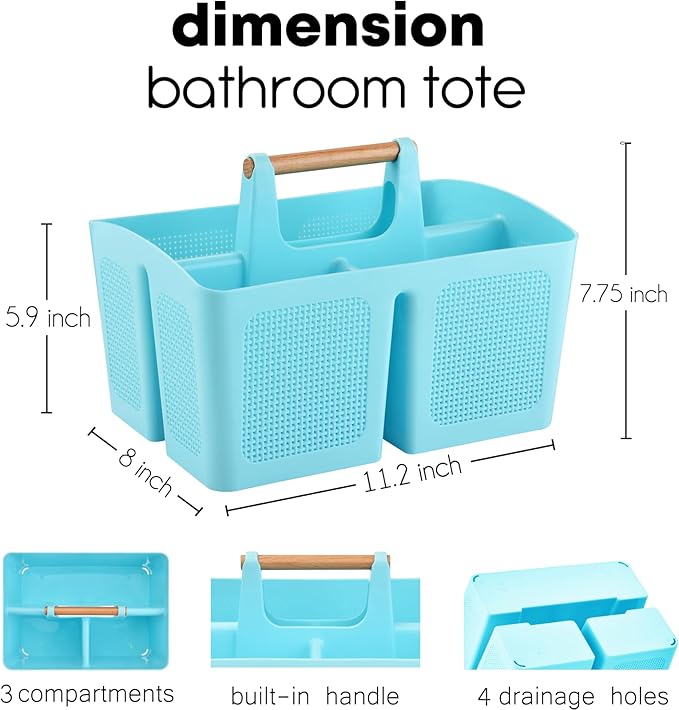 ALINK Portable Shower Caddy Basket with Compartments, Plastic Divided Cleaning Caddy Organizer Storage Tote with Handle for Bathroom, College, Dorm Room Essentials - Blue