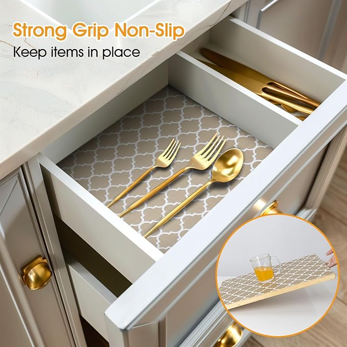 Shelf and Drawer Liner for Kitchen Cabinets Non-Adhesive, Strong Grip Non-Slip Thickened Cabinet Liners for Shelves, Waterproof Mats for Dresser Cupboard, Beige, 12 in x 30 Feet