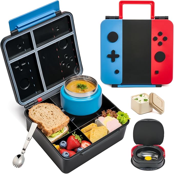 FAJSL Game Bento Box for Kids, Lunch Box with Thermo(9oz Food Jar), Folding Spoon, Removable Divider & Sauce Cup, Lunch Box Kids for School,Travel, BPA-Free & Realistic Shape(Grey)