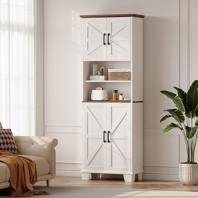 Farmhouse Bathroom Storage Cabinet, 67.9" Tall Freestanding Cabinet with 7 Adjustable Shelves & Barn Doors, Multipurpose Pantry Cupboard for Kitchen, Bathroom, Living Room, Dining Room