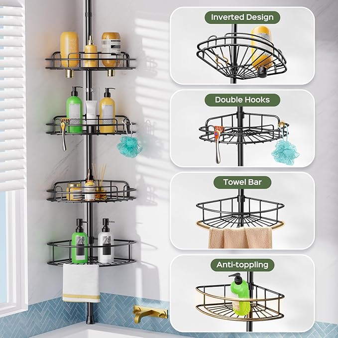 HAMITOR Shower Caddy Tension Pole: 4-Tier Rustproof Bathroom Corner Shelf Organizer for Renters - No Drill Large Shampoo Storage Rack - Adjustable 47-121 Inch - Space Saving Bathtub Accessory - Black