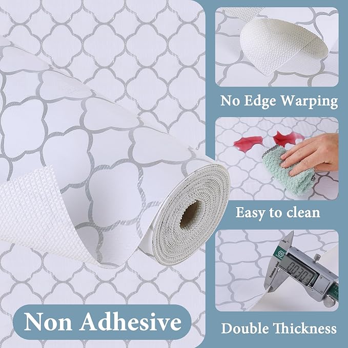 Shelf Drawer Liners for Kitchen Cabinets Non Adhesive Drawer Liner Thickened Refrigerator Liner Silver Quatrefoil Strong Non-Slip Paper for Tool Box with Knife and Tape Measure,11.8 x 354.3 Inches