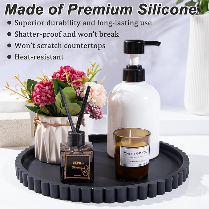 Silicone Bathroom Countertop and Vanity Tray-10 Inch Round Silicone Bathroom Tray, Modern Bathroom Decor, Coffee Table Decor, Decorative Tray for Candle, Perfume, Plants (Black)