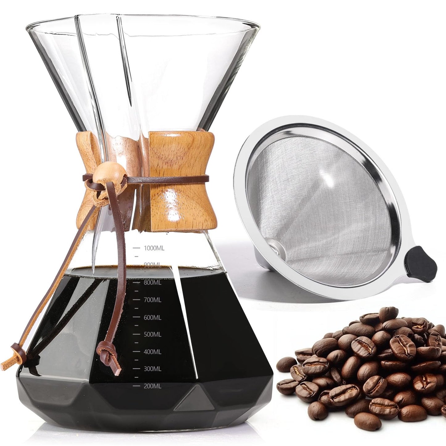 Yopinmall Pour Over Coffee Maker 20 OZ, 6 Cup Borosilicate Glass Drip Coffee Maker with Reusable Stainless Steel Filter and Cork Grip for Home Café 600 ML