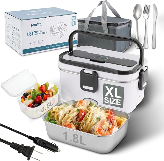 1.8L+0.5L Heated Lunch Box for Men, 80W Electric Lunch Box with Long-handled Utensils for Adults, 12V/24V/110V Lonchera Eléctrica Portátil, Portable Food Warmer for Car/Truck/Office (White)