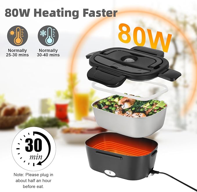 Electric Lunch Box, 12V/24V/110V Portable Food Warmer with SS Fork & Spoon for Car/Truck/Office, 80W Self Heating Lunch Box with 1.5L Container & 0.45L PP Fruit Box Matte Black