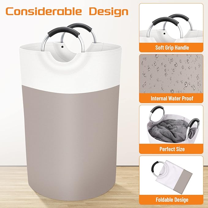 BlissTotes 75L Laundry Basket, Freestanding Laundry Hamper, Collapsible Dirty Clothes Hamper, Waterproof Fabric with Foam Protected Aluminum Handles for College, Dorm, Family (Brown)