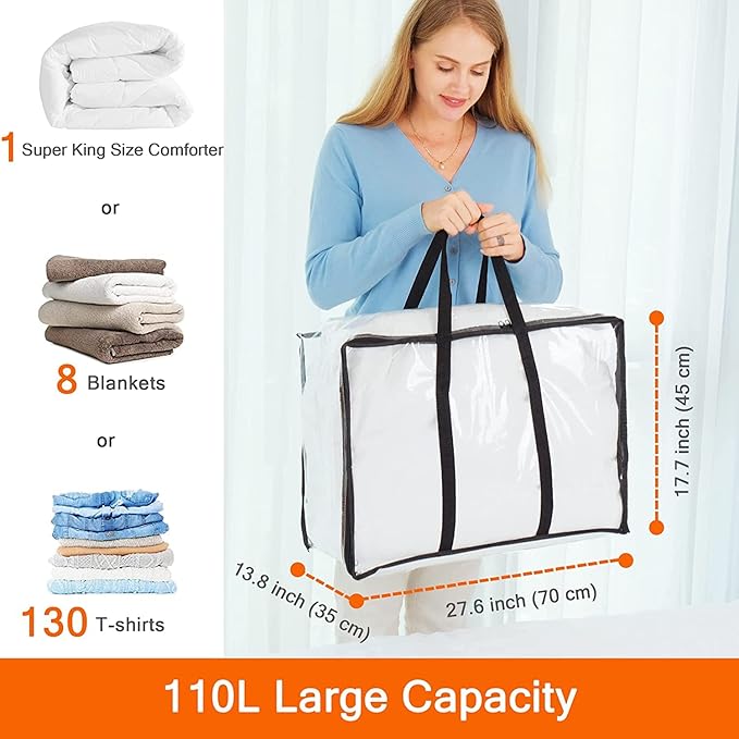 Vieshful 7 Pack Clear Comforter Storage Bag, 110L Over-Sized Clothes Storage Bag with Zipper Closet Organizer, Plastic Storage Containers Moving bags for Comforter, Blanket, Bedding, Duvet, Toys