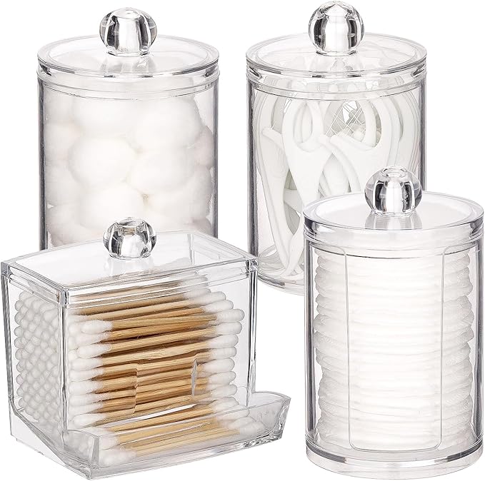 Tbestmax Bathroom Organizer Accessories Set-10 OZ,7 OZ Qtips Holder Storage with Lids, Cotton Ball/Swabs Dispenser, Apothecary Container Jar 4 Pcs