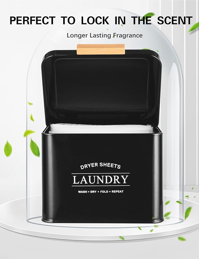 Dryer Sheet Holder with Hinged Lid for Laundry Room Organization, Metal Farmhouse Dryer Sheet Container, Dryer Sheet Box Laundry Room Decor & Accessories (Black)