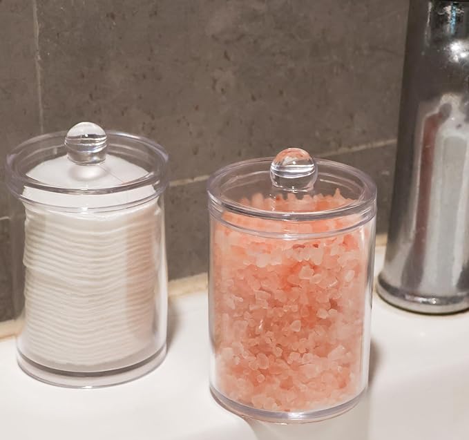 2 Pack Acrylic Qtip Holder Dispenser,Canisters Apothecary Jar Set, Vanity Makeup Bathroom Organizers and Storage Set, 10 and 12 oz