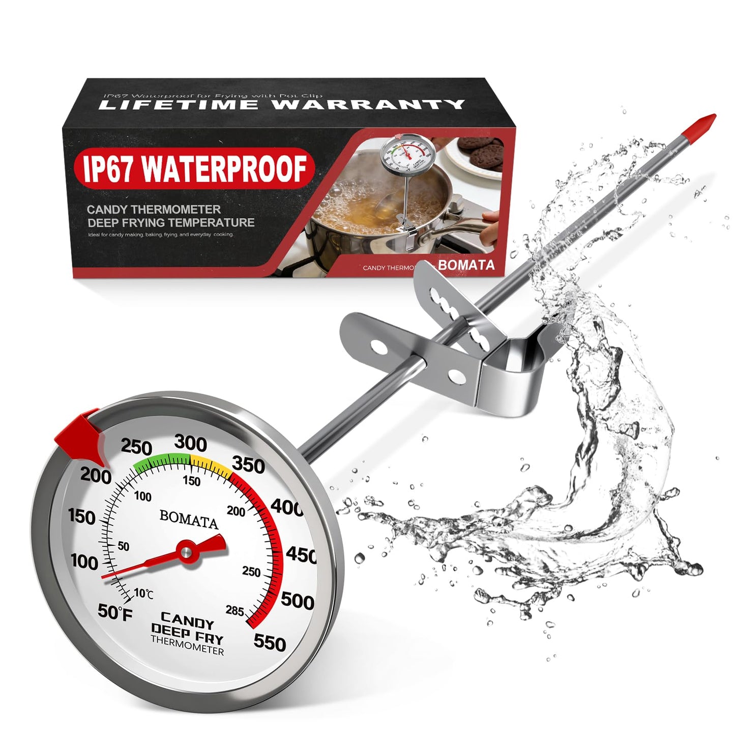 BOMATA Candy Thermometer with Pot Clip, Waterproof Deep Fry Oil Thermometer