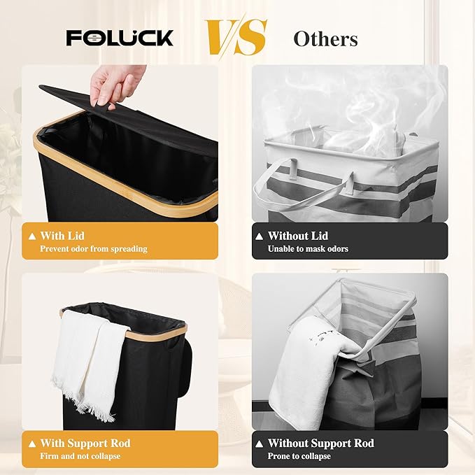 Slim Laundry Hamper, 60L Waterproof Narrow Laundry Basket with Lid and Removable Bag, Collapsible Tall Clothes Hamper with Bamboo Handles for Clothes Toys in Dorm Bedroom Bathroom, Black