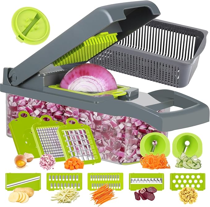 Ourokhome Vegetable Chopper Onion Cutter, 14 in 1 Professional Mandoline Slicer for Kitchen, Multifunctional Food Chopper for Potato, Tomato, Veggie with Strainer Basket, 10 Blades, Black