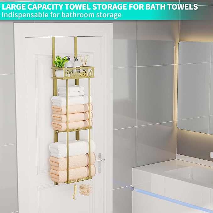 HapiRm Towel Rack Bathroom Storage - 3 Tier Over The Door & Wall Mounted Rolled Towel Racks Holder Organizer with Metal Shelf and 6 Hooks for Small Bathroom, Camper, Rv - Gold
