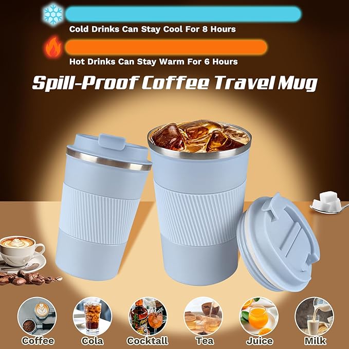 Vacuum-Insulated Stainless Steel Travel Coffee Mug, Leak-Proof Reusable Coffee Cup with Lid - Keep Hot & Cold Drinks for Hours, Durable Insulated Tumbler for Men & Women(3rd-Light Blue, 12OZ)