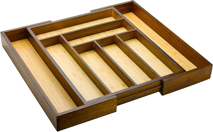 Cozee Bay Bamboo drawer organizer, utensil holder, silverware organizer, and adjustable cutlery tray with drawer dividers, for kitchen, office desk, and bathroom storage (White)
