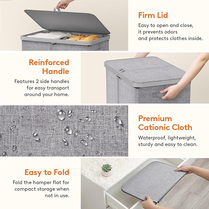 Lifewit 145L Large Laundry Basket with Lid, Laundry Hamper with Plastic Handles and Removable Bag, Foldable Tall Dirty Clothes Hampers for Laundry for Laundry Room, Bedroom, Bathroom, Dorm, Light Gray