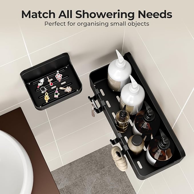 Orimade Shower Caddy 3-Pack, No-Drill Adhesive Shelves with 4 Hooks for Bathroom, Rustproof ABS Storage Organizer Set, Black