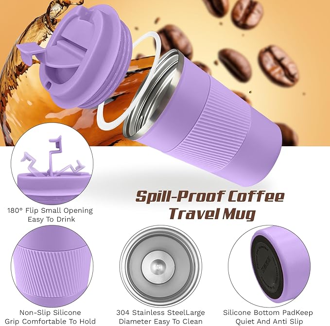 Vacuum-Insulated Stainless Steel Travel Coffee Mug, Leak-Proof Reusable Coffee Cup with Lid - Keep Hot & Cold Drinks for Hours, Durable Insulated Tumbler for Men & Women(3rd-Purple, 12OZ)