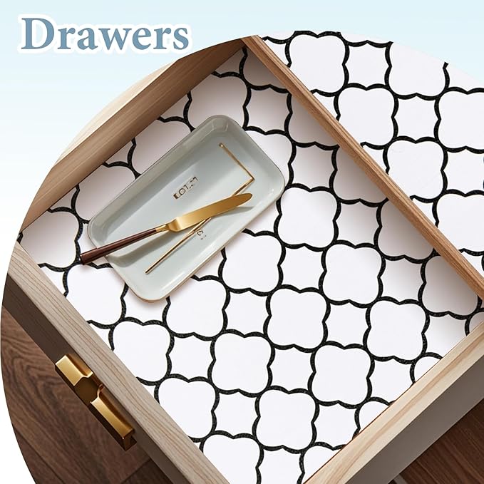 Shelf Drawer Liners for Kitchen Cabinets 11.8 x 118 Inches Non Adhesive Drawer Liner Thickened Refrigerator Liner Black Quatrefoil Strong Non-Slip Paper for Tool Box with Knife and Tape Measure