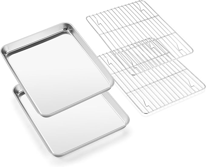 E-far Baking Sheet with Wire Rack (2 Pans + 2 Racks), Large Stainless Steel Cookie Sheets Pan & Cooling Rack for Baking Cookies Cake, Non Toxic & Heavy Duty, Oven & Dishwasher Safe, 18 x 13 x 1 Inch