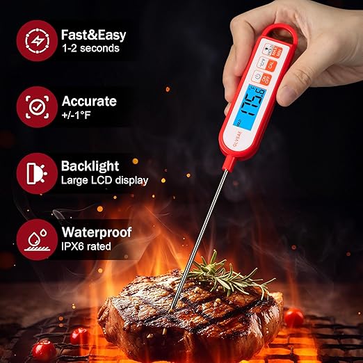 GLVSAE Digital Meat Thermometer Instant Readings in 1-2 Seconds Food Thermometer with Extended Probe Waterproof for Cooking, Confectionery Making, Barbecuing and as a Gift for Friends and Family