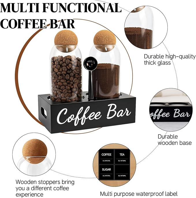 TRIFOLIC Coffee Container Set of 2 – 34oz Airtight Glass Coffee Bean Storage Jars with Wooden Lids, Metal Scoop & Wooden Base, Coffee Bar Organizer for Countertop, Tea & Sugar Canisters with Labels