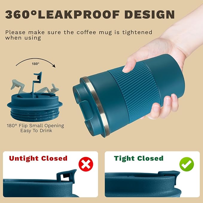 Vacuum Insulated Stainless Steel Travel Coffee Mug with Lid, Leak-Proof Reusable Thermal Cup Keeps Drinks Hot & Cold for Hours, Durable Portable Tumbler for Men & Women(3rd-Blue, 17OZ)