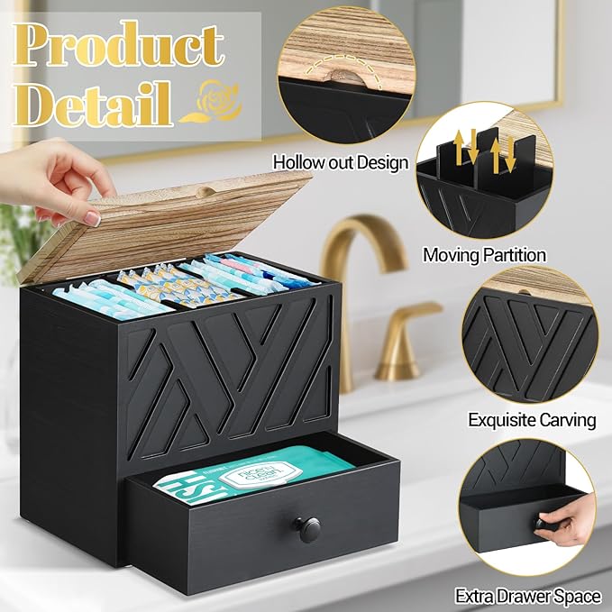 Tampon Holder for Bathroom Decor, Feminine Product Organizer with Lid and Drawer, Shark Week Tampon Storage, Wood Pad and Tampon Organizer for Toilet Organizer, Bathroom Accessories Box for Girl Stuff