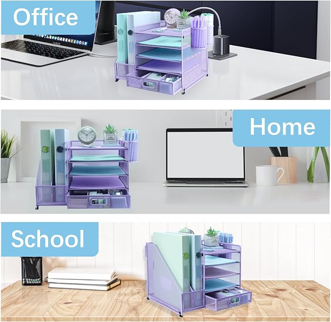 Desk Organiser File Holder With 2 Pen Holder, 5 Tier Paper Letter Tray Organiser with Drawer,Mesh Desktop Storage with Magazine Holder for Office Supplies, Purple