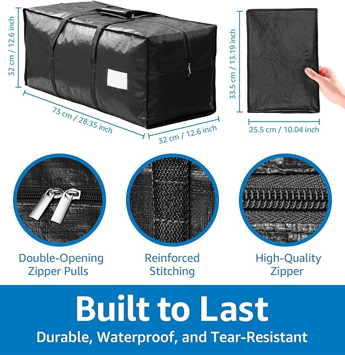 6 Pack Heavy Duty Moving Bags with Padded Wrap Around Handles-Strengthened Zipper Extra Large Storage Totes for Dorm College Clothes Black