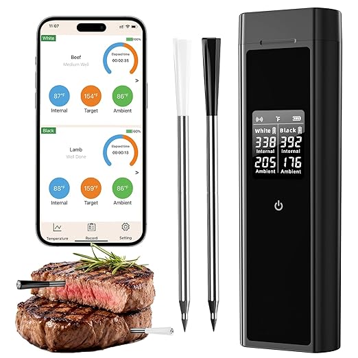 BlueSwan Bluetooth Meat Thermometer with 2 Color Probes for 820 ft Range